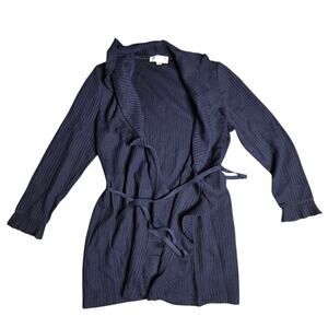 St.John Navy Blue Kelly Ruffle Knit Midi Cardigan Size: 14